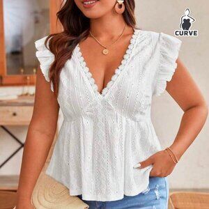 White Babydoll Ruffle Short Sleeve Hollow Out Embroidery V Neck Top Size L
